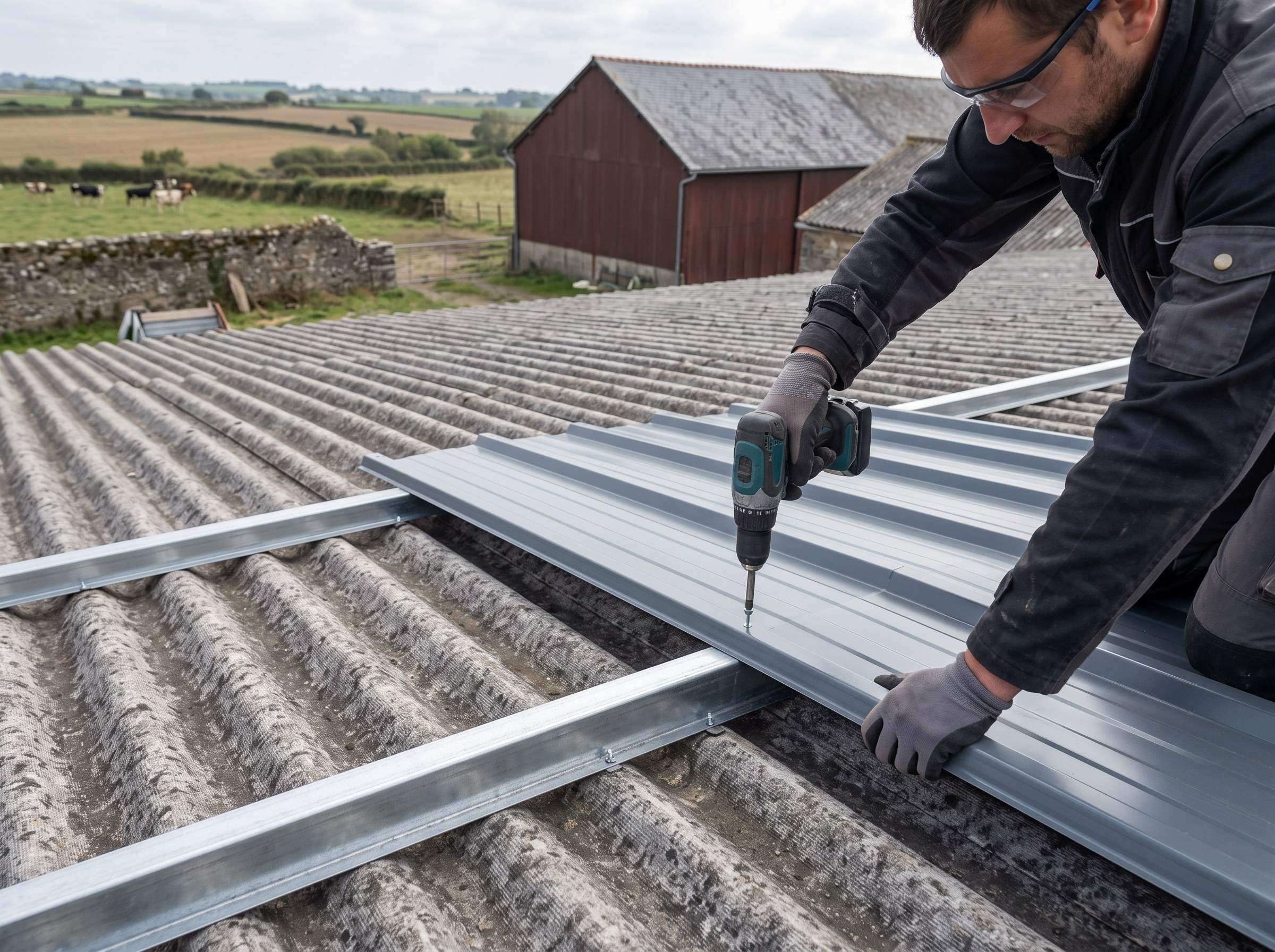 Chantier de surcouverture bac acier sur un bâtiment agricole en Bretagne centre