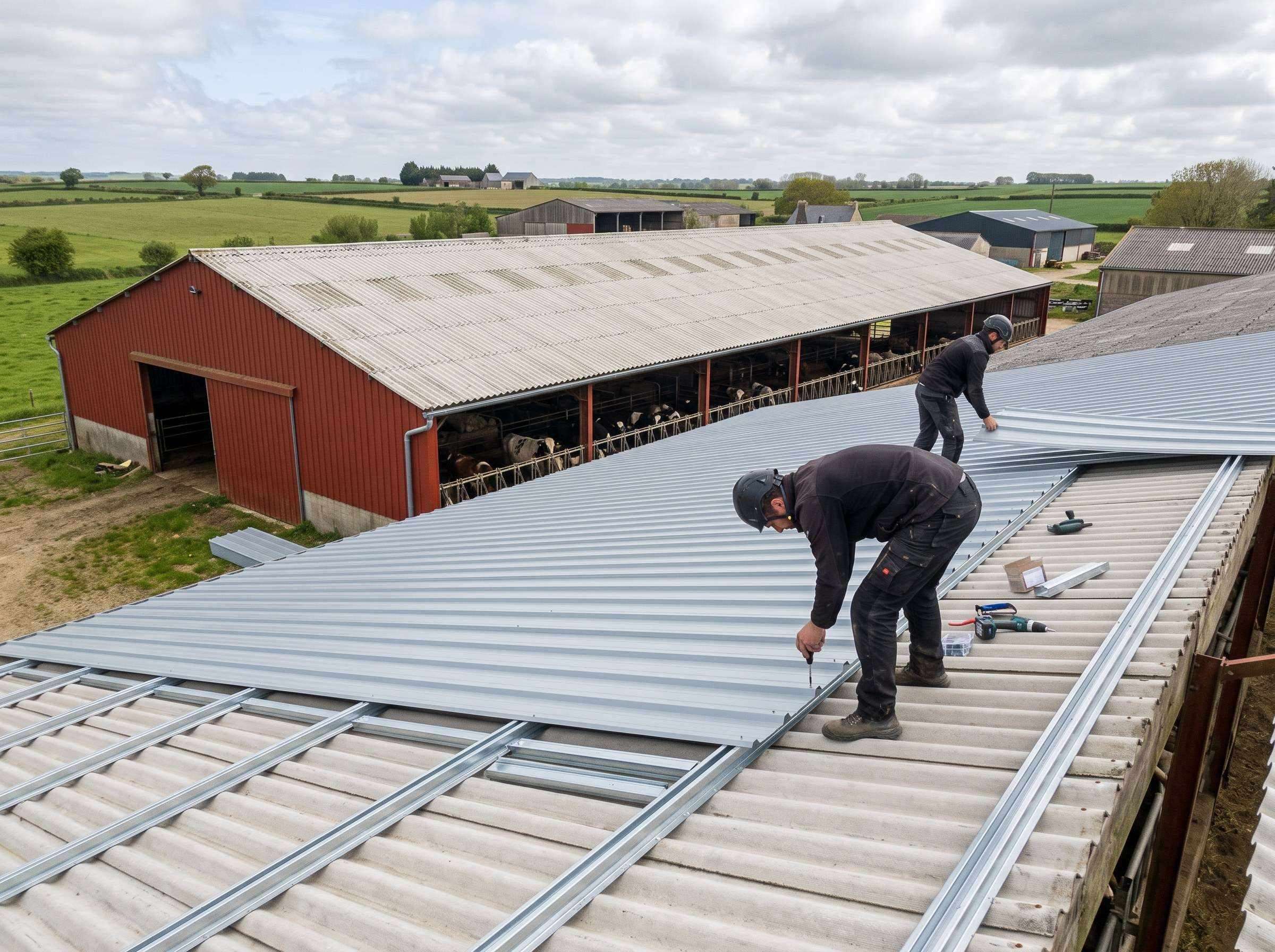 Pose d'une surcouverture bac acier sur un bâtiment d'élevage en activité en Bretagne centre
